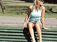 Unsuspecting blonde chick had her waxed muff nattily filmed by our omnipresent upskirt hunter!